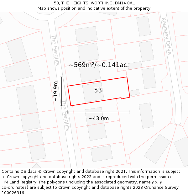 53, THE HEIGHTS, WORTHING, BN14 0AL: Plot and title map