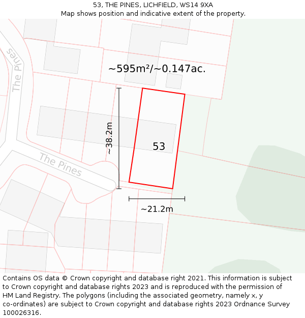 53, THE PINES, LICHFIELD, WS14 9XA: Plot and title map