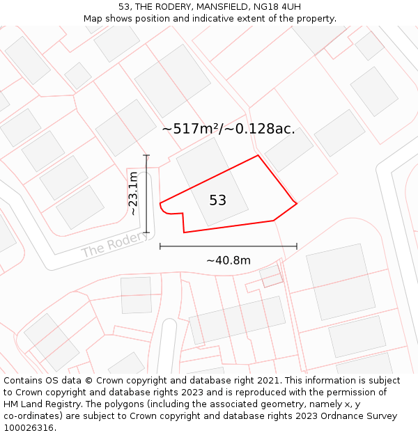 53, THE RODERY, MANSFIELD, NG18 4UH: Plot and title map