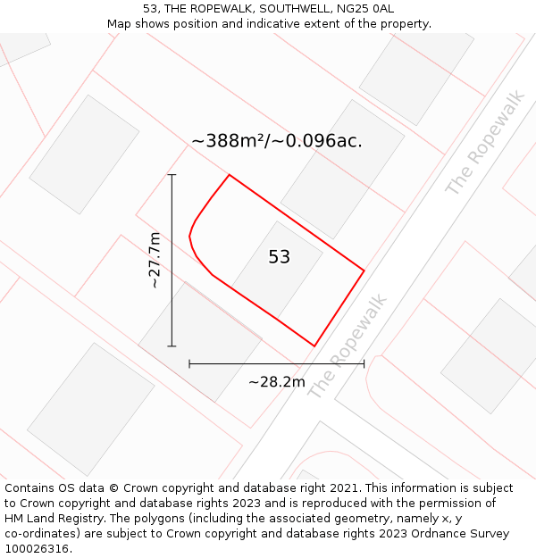 53, THE ROPEWALK, SOUTHWELL, NG25 0AL: Plot and title map