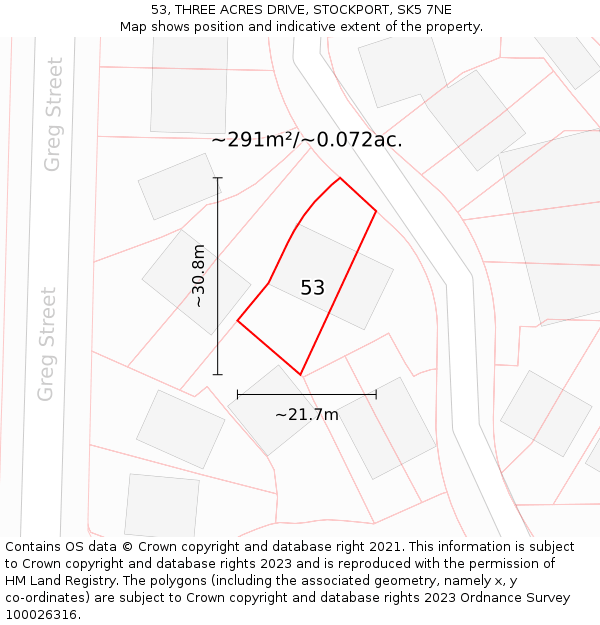 53, THREE ACRES DRIVE, STOCKPORT, SK5 7NE: Plot and title map