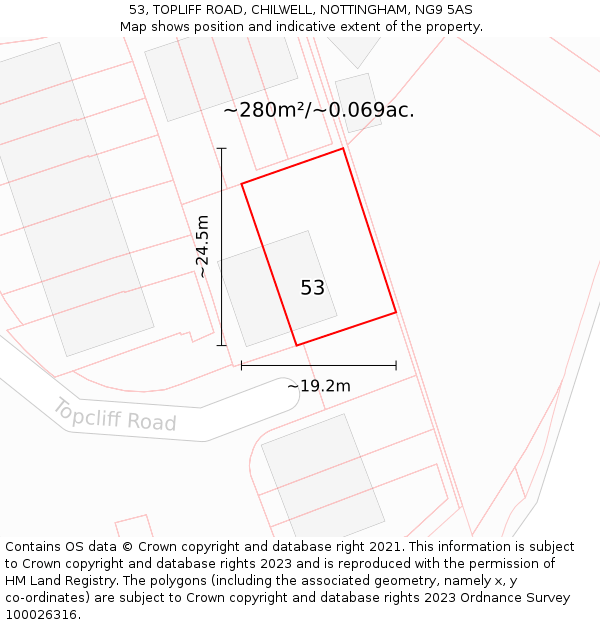 53, TOPLIFF ROAD, CHILWELL, NOTTINGHAM, NG9 5AS: Plot and title map
