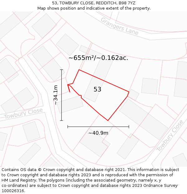 53, TOWBURY CLOSE, REDDITCH, B98 7YZ: Plot and title map