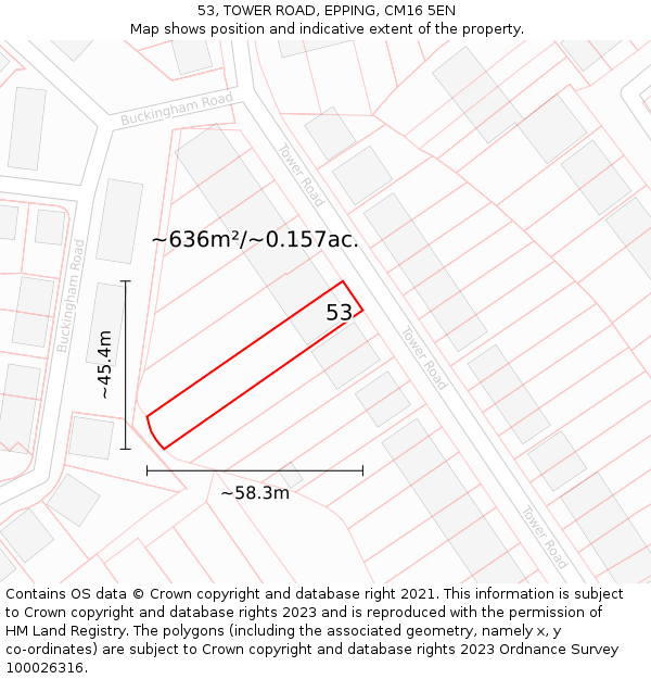 53, TOWER ROAD, EPPING, CM16 5EN: Plot and title map
