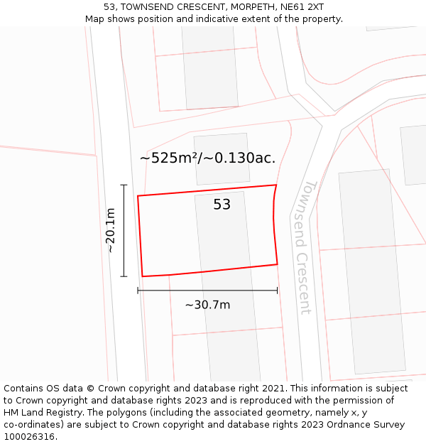 53, TOWNSEND CRESCENT, MORPETH, NE61 2XT: Plot and title map