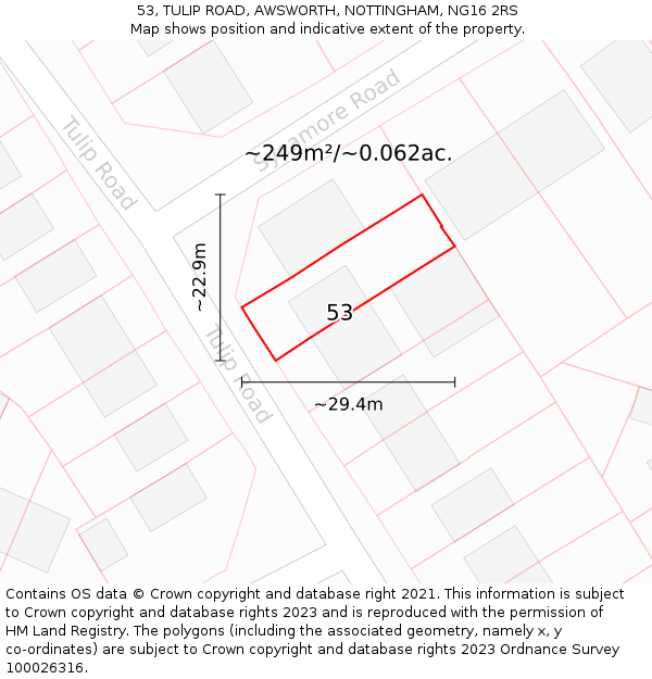 53, TULIP ROAD, AWSWORTH, NOTTINGHAM, NG16 2RS: Plot and title map