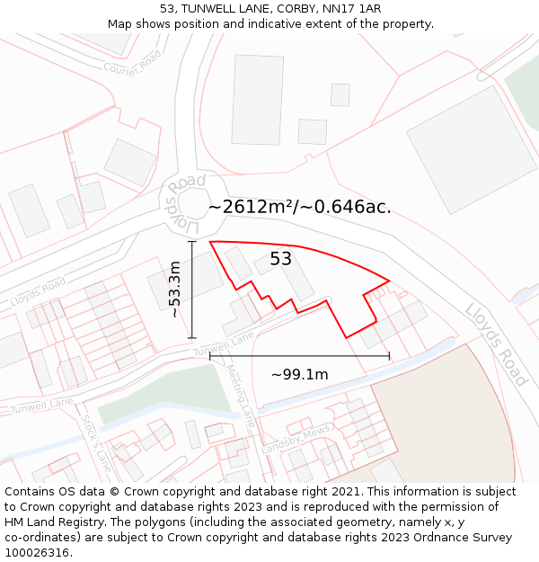 53, TUNWELL LANE, CORBY, NN17 1AR: Plot and title map