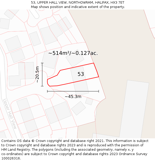 53, UPPER HALL VIEW, NORTHOWRAM, HALIFAX, HX3 7ET: Plot and title map