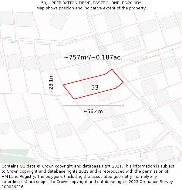 53, UPPER RATTON DRIVE, EASTBOURNE, BN20 9BY: Plot and title map