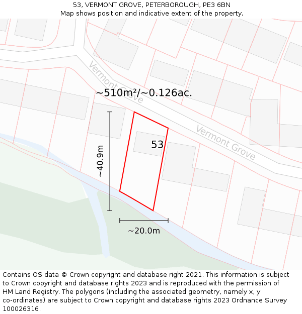 53, VERMONT GROVE, PETERBOROUGH, PE3 6BN: Plot and title map