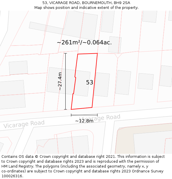 53, VICARAGE ROAD, BOURNEMOUTH, BH9 2SA: Plot and title map