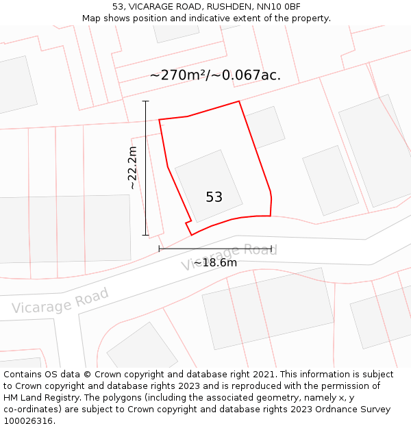 53, VICARAGE ROAD, RUSHDEN, NN10 0BF: Plot and title map