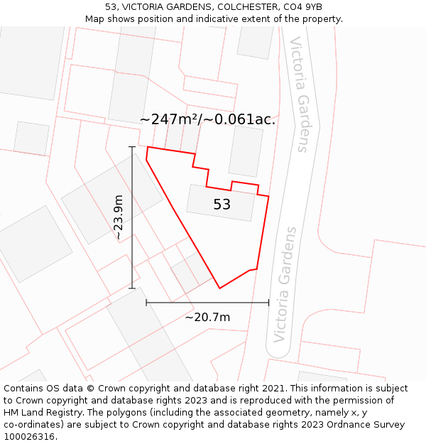 53, VICTORIA GARDENS, COLCHESTER, CO4 9YB: Plot and title map