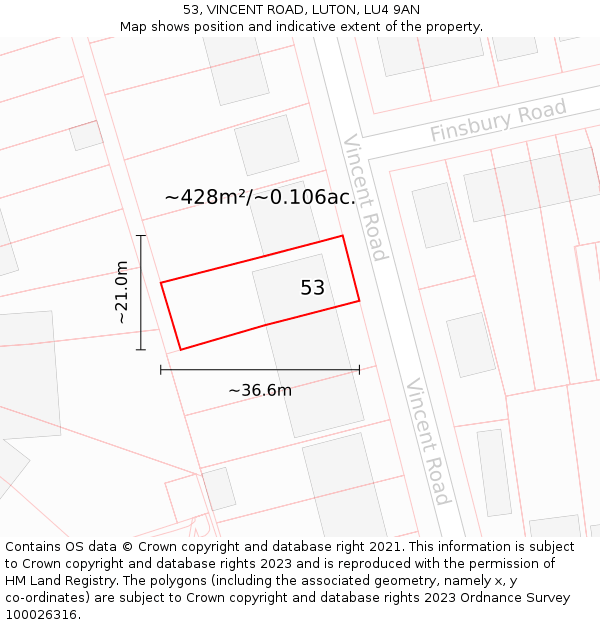 53, VINCENT ROAD, LUTON, LU4 9AN: Plot and title map