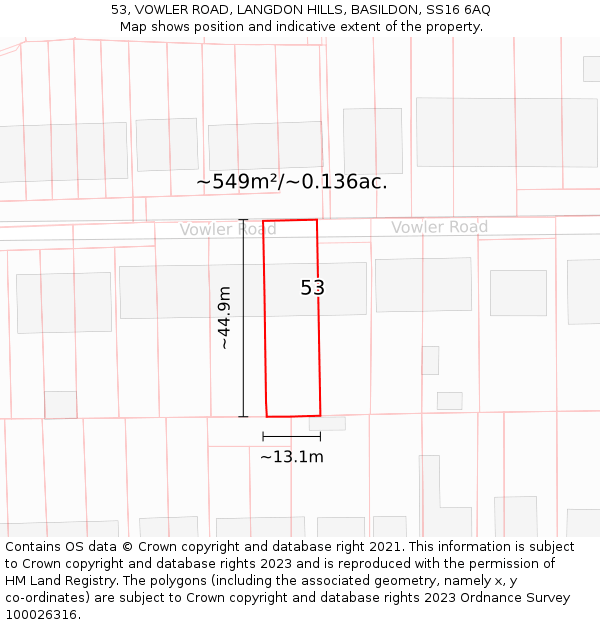 53, VOWLER ROAD, LANGDON HILLS, BASILDON, SS16 6AQ: Plot and title map