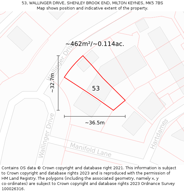 53, WALLINGER DRIVE, SHENLEY BROOK END, MILTON KEYNES, MK5 7BS: Plot and title map