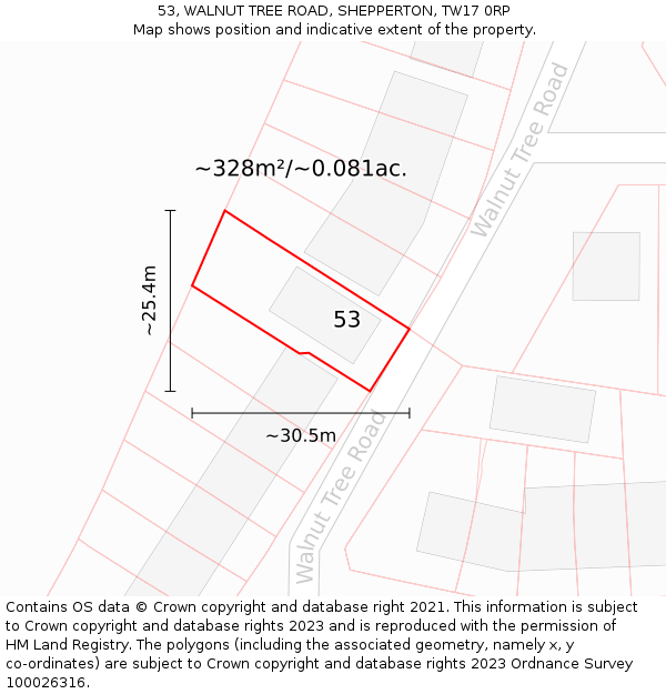 53, WALNUT TREE ROAD, SHEPPERTON, TW17 0RP: Plot and title map