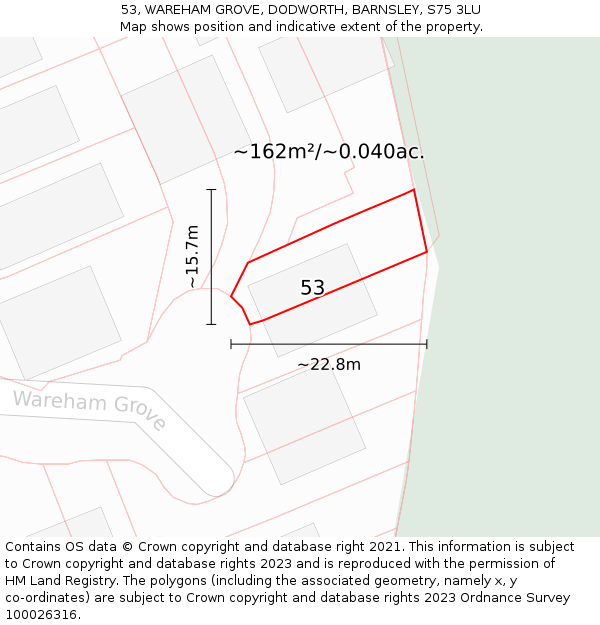 53, WAREHAM GROVE, DODWORTH, BARNSLEY, S75 3LU: Plot and title map