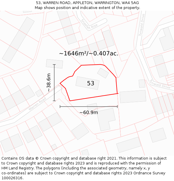 53, WARREN ROAD, APPLETON, WARRINGTON, WA4 5AG: Plot and title map