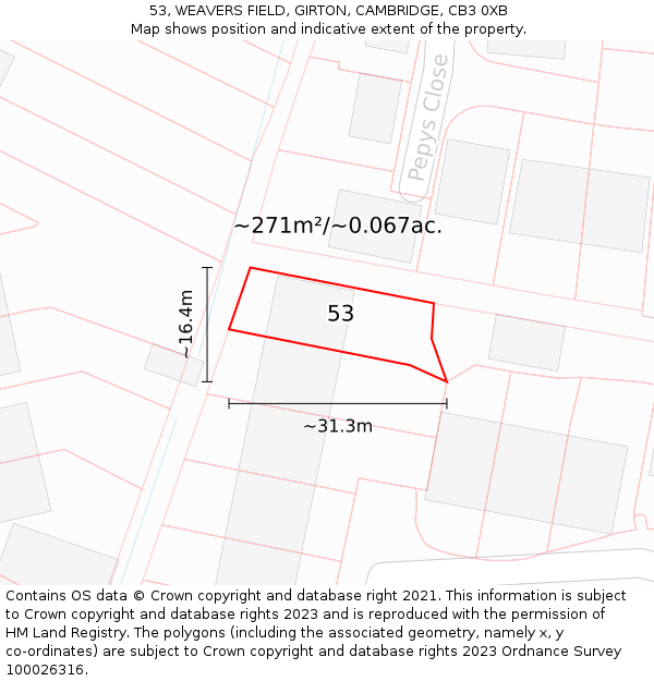 53, WEAVERS FIELD, GIRTON, CAMBRIDGE, CB3 0XB: Plot and title map