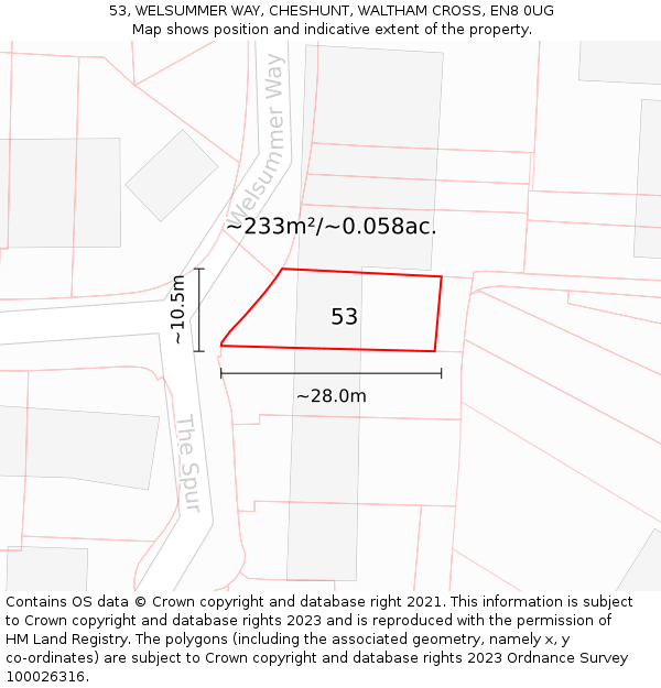 53, WELSUMMER WAY, CHESHUNT, WALTHAM CROSS, EN8 0UG: Plot and title map