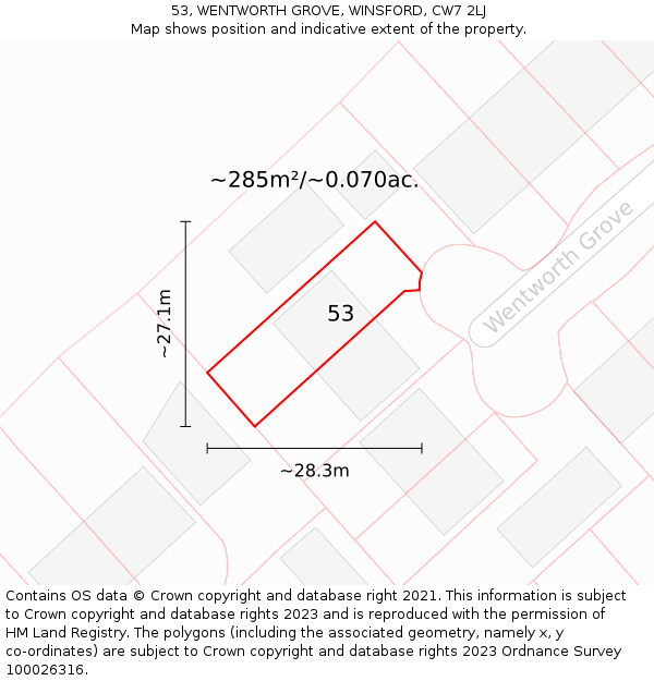 53, WENTWORTH GROVE, WINSFORD, CW7 2LJ: Plot and title map
