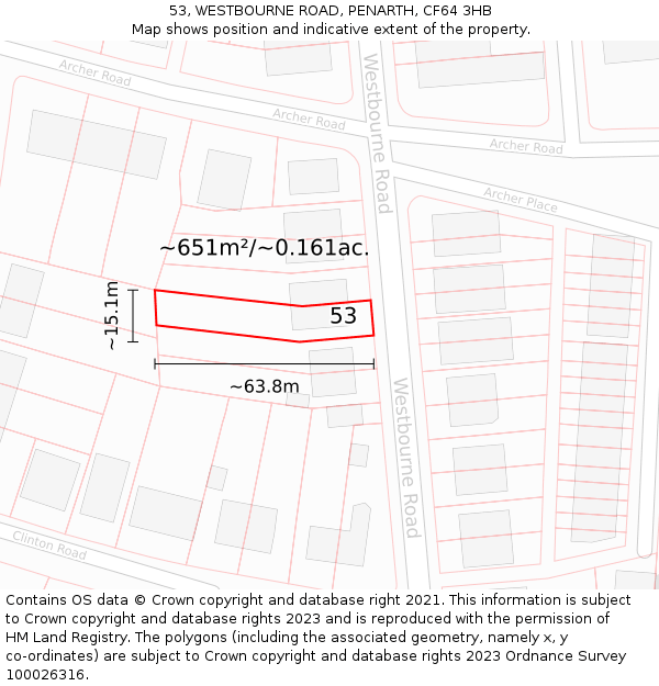 53, WESTBOURNE ROAD, PENARTH, CF64 3HB: Plot and title map