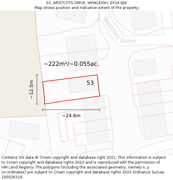 53, WESTCOTS DRIVE, WINKLEIGH, EX19 8JW: Plot and title map