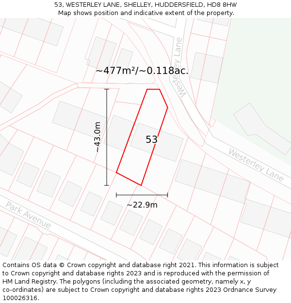 53, WESTERLEY LANE, SHELLEY, HUDDERSFIELD, HD8 8HW: Plot and title map
