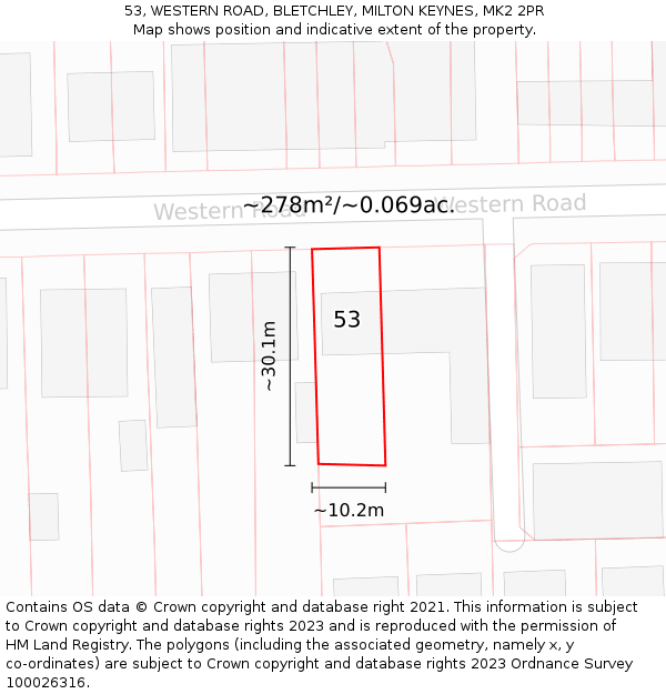 53, WESTERN ROAD, BLETCHLEY, MILTON KEYNES, MK2 2PR: Plot and title map