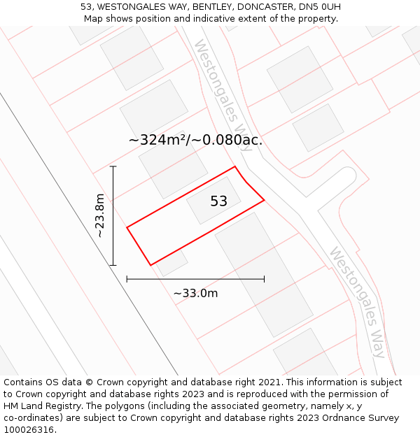 53, WESTONGALES WAY, BENTLEY, DONCASTER, DN5 0UH: Plot and title map