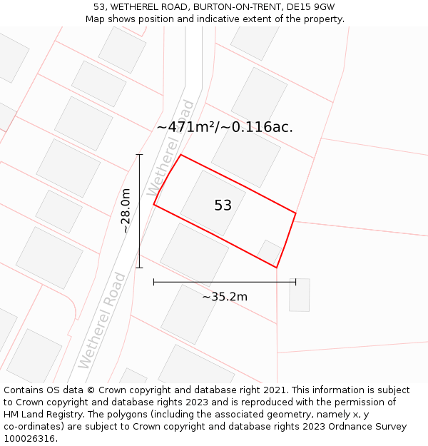 53, WETHEREL ROAD, BURTON-ON-TRENT, DE15 9GW: Plot and title map