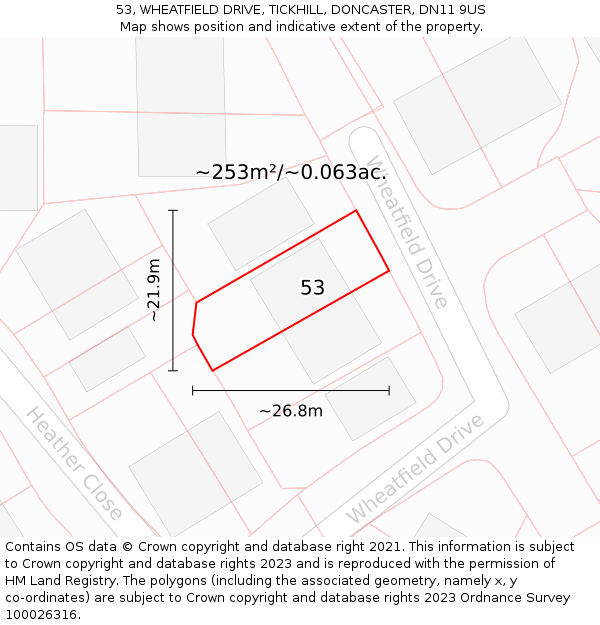53, WHEATFIELD DRIVE, TICKHILL, DONCASTER, DN11 9US: Plot and title map