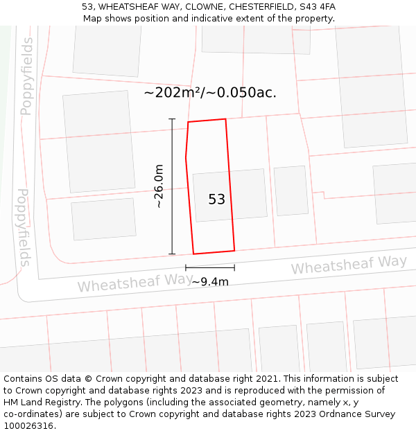 53, WHEATSHEAF WAY, CLOWNE, CHESTERFIELD, S43 4FA: Plot and title map