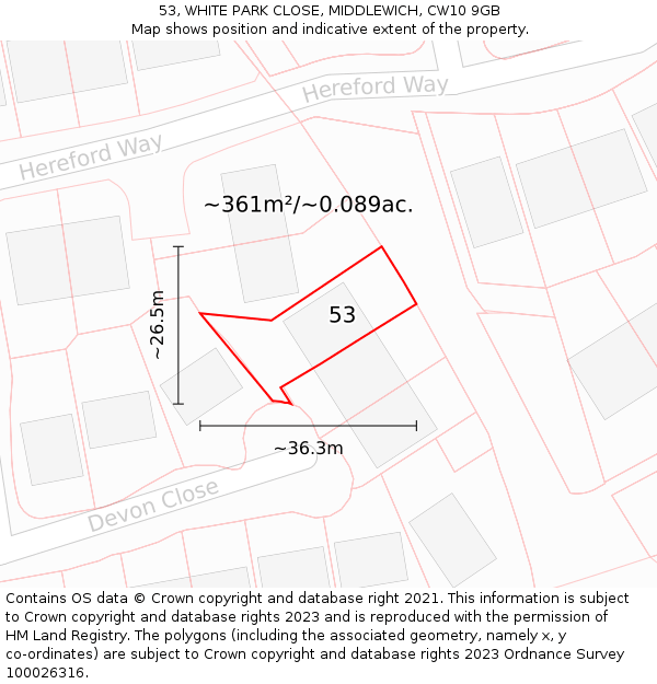 53, WHITE PARK CLOSE, MIDDLEWICH, CW10 9GB: Plot and title map