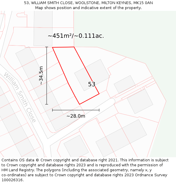 53, WILLIAM SMITH CLOSE, WOOLSTONE, MILTON KEYNES, MK15 0AN: Plot and title map