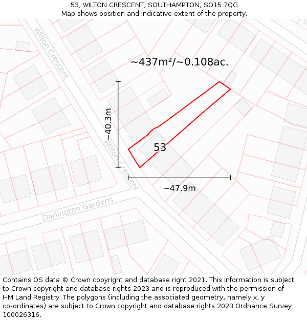 53, WILTON CRESCENT, SOUTHAMPTON, SO15 7QG: Plot and title map