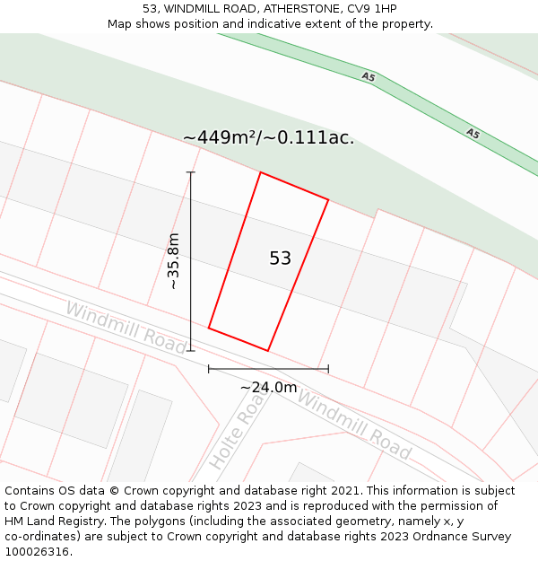 53, WINDMILL ROAD, ATHERSTONE, CV9 1HP: Plot and title map