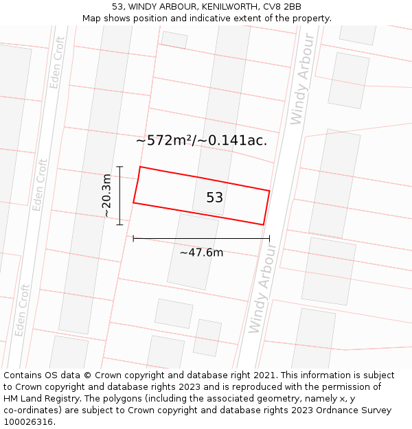 53, WINDY ARBOUR, KENILWORTH, CV8 2BB: Plot and title map