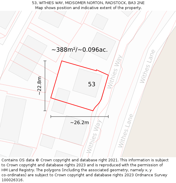 53, WITHIES WAY, MIDSOMER NORTON, RADSTOCK, BA3 2NE: Plot and title map