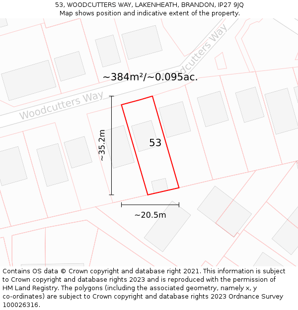 53, WOODCUTTERS WAY, LAKENHEATH, BRANDON, IP27 9JQ: Plot and title map