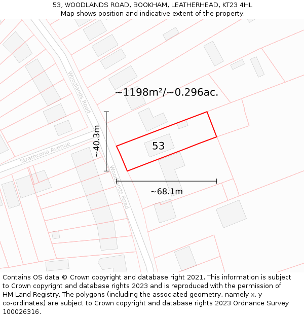 53, WOODLANDS ROAD, BOOKHAM, LEATHERHEAD, KT23 4HL: Plot and title map