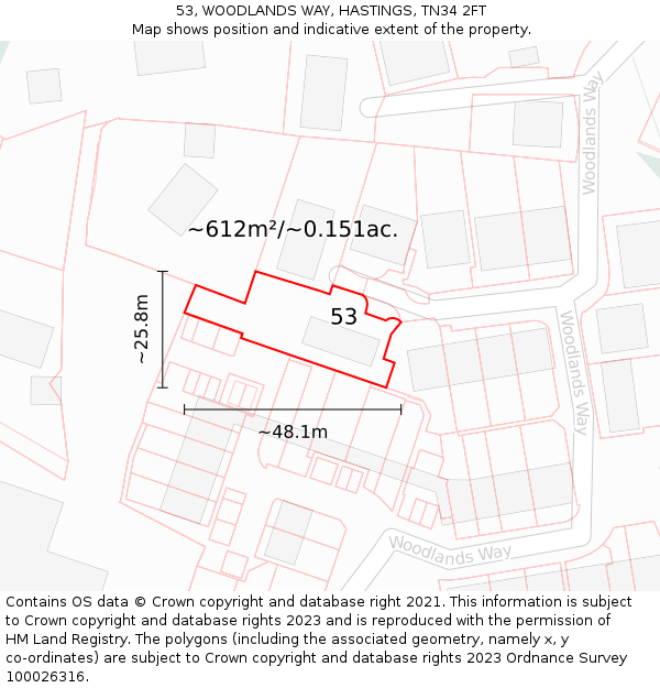 53, WOODLANDS WAY, HASTINGS, TN34 2FT: Plot and title map