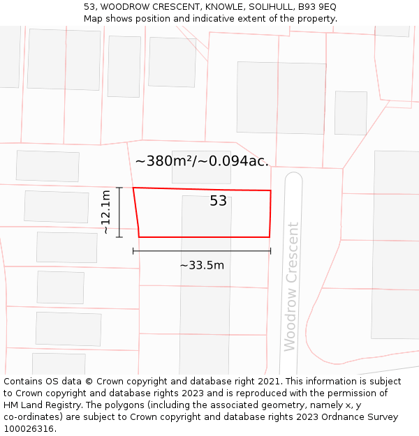 53, WOODROW CRESCENT, KNOWLE, SOLIHULL, B93 9EQ: Plot and title map