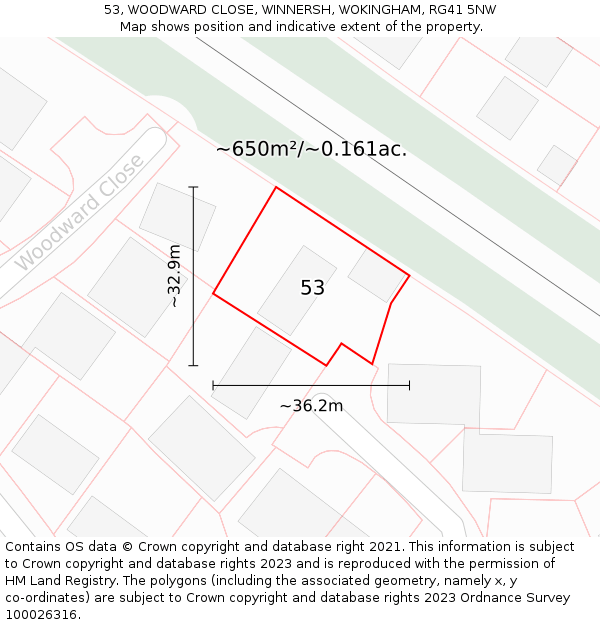 53, WOODWARD CLOSE, WINNERSH, WOKINGHAM, RG41 5NW: Plot and title map
