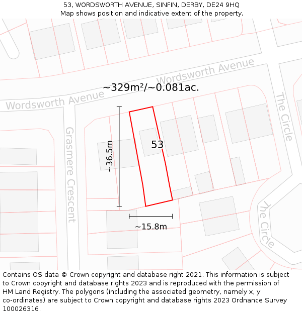 53, WORDSWORTH AVENUE, SINFIN, DERBY, DE24 9HQ: Plot and title map