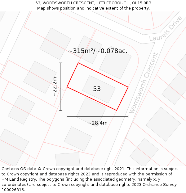 53, WORDSWORTH CRESCENT, LITTLEBOROUGH, OL15 0RB: Plot and title map
