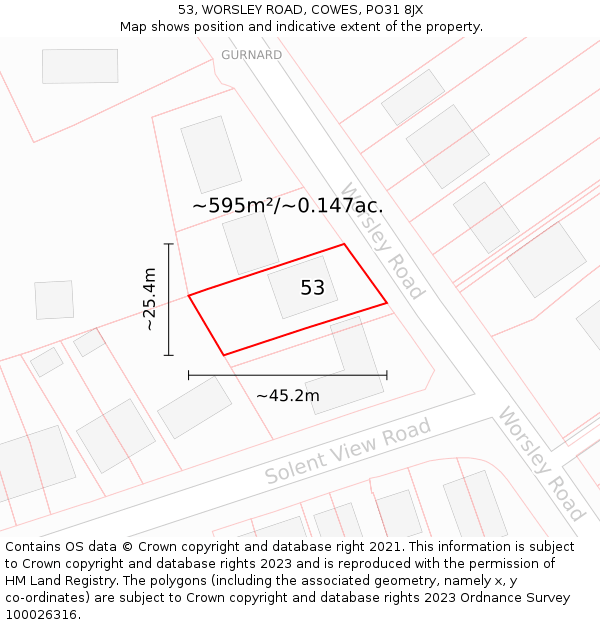 53, WORSLEY ROAD, COWES, PO31 8JX: Plot and title map