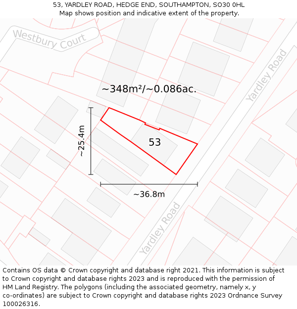 53, YARDLEY ROAD, HEDGE END, SOUTHAMPTON, SO30 0HL: Plot and title map