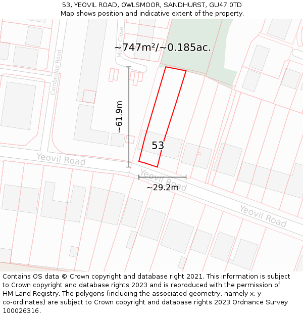 53, YEOVIL ROAD, OWLSMOOR, SANDHURST, GU47 0TD: Plot and title map